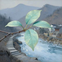 a gorgeous painting by barlowe wayne maxfield parrish and marco mazzoni. a very close - up shot on a branch with 3 leaves!! china mountain village!! morning, light effect. grey blue and light verdancy. the river ice is melting. the winding stone steps. ultra clear detailed. hd. 3 d, octane render. 8 k