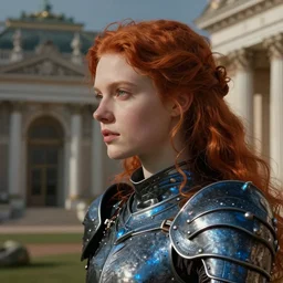 closeup face profile of a young redhead pale woman in dark and blue princess dragon armor, next to a neoclassical palace, in a scenic environment. by henriette ronner - knip, by william henry hunt, by rembrandt, by joseph mallord william turner, by konstantin razumov, concept art,