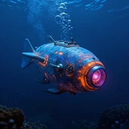 bioluminescent underwater cyberpunk life fighting, blue, orange, purple, cyberpunk submersible, deep ocean, bottom of the sea, dark, extreme depths, organic, mariana trench, midnight zone, bubbles, hyper realistic, hyper detailed, digital art, trending in artstation, studio quality, photorealistic, photo, by jesper ejsing, wlop, paul lehr