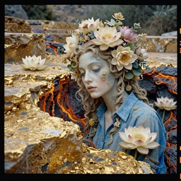 Kodak Portra 400, 8K, soft light, volumetric lighting, highly detailed, portrait photo of a Filthy Frank by WLOP, the face emerges from a lava flowing gold travertine terraces with lotus flowers, inspired by Ophelia paint , blue shirt and hair are intricate with highly detailed realistic beautiful flowers , Realistic, Refined, Highly Detailed, ethereal lighting colors scheme, outdoor fine art photography, Hyper realistic, photo realistic, masterpiece