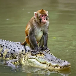 monkey on top of a crocodile on a river
