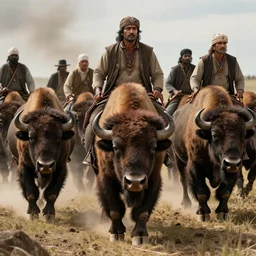 futuristic indian  hunts bison herd, action scene, an epic western, dramatic lighting, cinematic, establishing shot, extremely high detail, photorealistic, cinematic lighting, artstation, octane render, old photo, buffalo hunt movie, alpha movie, western, ultra sharp, clean symmetrical faces, high detail, intricate,hypermaximalist,hyper realism