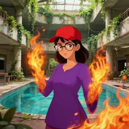character art by ruan jia, young hyderabadi female wearing wayfarer glasses and red baseball hat and purple clothes at an abandoned mall, on fire, fire powers, abandoned mall in the 1 9 8 0 s, taken over by nature, covered in vines, dream pool