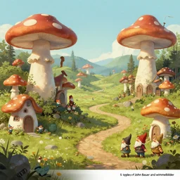“wide shot, concept art, a fairytale landscape, mushroom houses, gnomes, in the style of John Bauer and wimmelbilder”