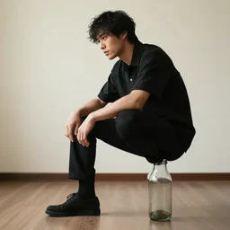 man sitting on glass bottle