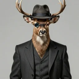 a upper body portrait of a deer lord in a pinstriped suit and pants wearing a fedora and a monocle over the left eye by artgerm and wlop, intricate detail, digital art, photorealistic, trending on artstation