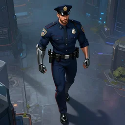 Character design police man!!, man in dark blue full body suit, concept art character, very high angle view, one arm of the robot body, book cover, very attractive man with beard, walking in cyberpunk valley highly detailed full body, strong masculine features, sturdy body, command presence, police man!!, royalty, smooth, sharp focus, organic, appealing, deep shadows