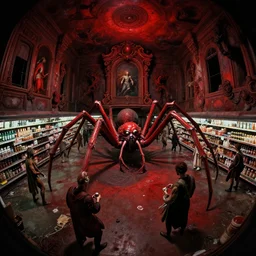 fisheye photo of spider moshpit in underground abandoned supermarket in hell by beksinski and hieronymus bosch, harsh flash photo, dark red color scheme, beautiful baroque painting, dream - like heavy eerie atmosphere, surreal abandoned buildings, beautiful detailed intricate octane render trending on artstation, 8 k artistic photography, photorealistic, chiaroscuro, raphael, caravaggio, giger