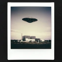 old polaroid of an ufo flying above a nuclear plant, award winning, pictorialism, black and white, daylight