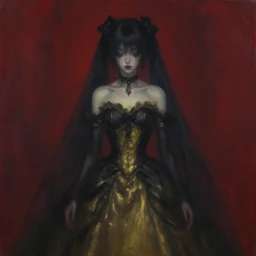 tachisme, a very soft and dark haunting oil painting portait of hatsune miku in a black golden wedding dress, tachisme, scarlet background, by antonio saura and fernando zobel, ethereal, evil presence, haunted painting, tachisme, low lighting