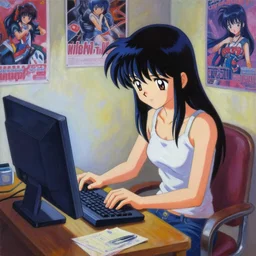 oil painting of a girl using a computer in her room, anime, studio gainax, y2k, 2000s, posters, cluttered room