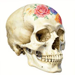 ortographic view of a large bone draped skull and psychedelic vibrant roses by Jen Bartel and Dan Mumford and Satoshi Kon, gouache illustration