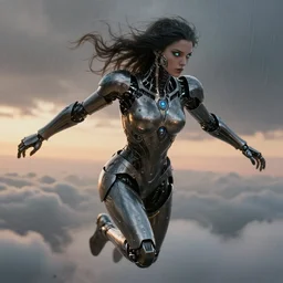 biblical diabolical beautiful female valkyree android, slick mechanical metal armor, jump, heavy eyes to the side, closeup, bright glowing veins, in clouds, rain, sunset, portrait, by gerald brom, by mikhail vrubel, by peter elson, muted colors, extreme detail, reflections, trending on artstation, 8 k
