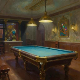 smokey pool hall from an story theme of wizards of science (oil paint on canvas, art deco era)