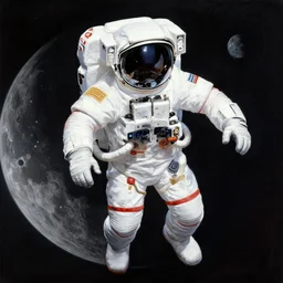 extremely detailed painting of an astronaut floating in space, moon in the background, hyper realistic masterpiece by hajime sorayama