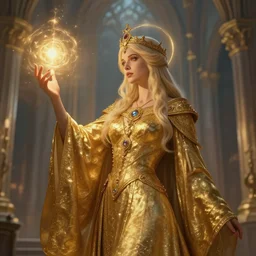 Priestess, golden robes, accessories, beautiful, holy magic, casting, church background, high fantasy, dnd, d&d, detailed, derriere, face focus!, matte painting, by Genzoman, greg rutkowski, WLOP and Andrei Riabovitchev, trending on Artstation, artstationHD, artstationHQ, deviantart