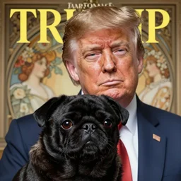 photorealistic portrait photograph of donald trump with a black pugalier, handsome, depth of field, soft focus, highly detailed, intricate, realistic, national geographic cover, soft glow, textured, artstation, concept art, sharp focus, illustration, art by artgerm and greg rutkowski and alphonse mucha