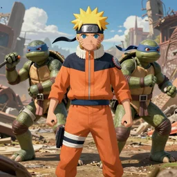 Naruto Style art, ninja turtles in a post apocalyptic setting, ghibli, unreal 5, DAZ, hyperrealistic, octane render, dynamic lighting
