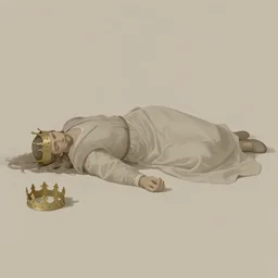 a defeated lies king face down on the ground in surrender, his crown laying beside him, limited earth tone neutral palette, by petros afshar, anton fadeev, will barnet, beautiful graphic full body portrait, propaganda poster art 1 9 7 0 s illustrated advertising art, painterly character design