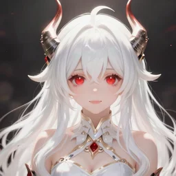 white haired anime girl with horns, red eyes, cute