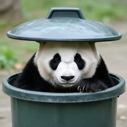 a panda is peeking out from under the lid of a trash can
