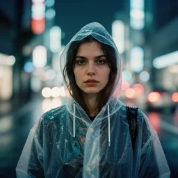 A frontal face photography of Caucasian woman wearing a transparent raincoat with hoodie on. Rainy night. Aesthetic Tokyo Retro. cyberpunk city night photography city. close up. kodak ektar film. Depth of field. whirl bokeh!!. detailed. hq. realistic. Moody. Filmic!!. lens flare. Leica M9, Canon EOS R3, f/1.4, Film grain!!, 1/160s, 8K, RAW, unedited, symmetrical balance, in-frame