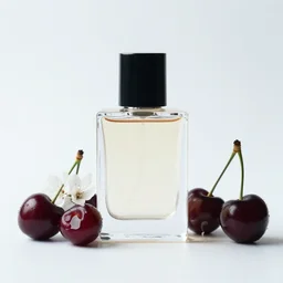 perfume bottle and artistic dark red cherries and white flowers, realistic, up close shot, white background, zen, cool light, modern minimalist f 2 0