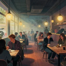 illustrated crowded cafe interior, colorful, mads berg, karolis strautniekas, christopher balaskas, stippled light, low fog, moody, fine texture, editorial illustration, dramatic lighting, dynamic composition, detailed, matte print, muted color, ( ( victo ngai ) ), wide angle