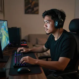 a young Phillipine man in his mid-20s with a goatee playing DOTA 2 in his bedroom, dimly lit, cozy atmosphere