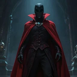 wicked cool Baron in a red cloak, low angle, artistic, low light, glow, faceless