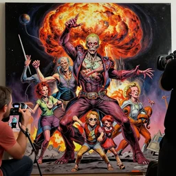 detailed image of a dancing and creepy family in the deep space by richard corben, BTS show, nuclear explosion, rich deep colors. masterpiece . intricate artwork, very coherent symmetrical artwork, cinematic, hyper realism, high detail, auschwitz camp,  octane render, unreal engine, 8k, Vibrant colors, Smooth gradients, High contrast, depth of field. by Katsuhiro Otomo, full body character drawing, inspired by Evangeleon, clean ink detailed line drawing, intricate detail, extremely detailed.