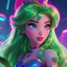 Princess Peachi, portrait, illustrated by Greg Rutkowski and Gaston Bussiere, 35mm lens, beautiful macro close-up imagery, vibrantly lush neon lighting, beautiful volumetric-lighting-style atmosphere, a futuristic atmosphere, intricate, detailed, photorealistic imagery, trending on artstation, 4k, 8k