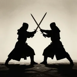 2 warriors in cloaks fighting with swords, silhouette, contour, shadows