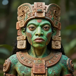portrait photography of an ancient mayan alien, ritualisic mayan psychedelic, green skin, detailed face, clear eyes, clear mouth, demihuman, aztec tatoos, mayan body painting, tenochtitlan, looking towards the camera. mariachi style. high details, demigod.