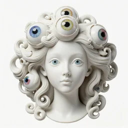 3 d full head and shoulders beautiful white porcelain woman with colourful big eyeballs all through her hair, ornate detailed hair, 3 d swirling hair by theodor seuss geisel and daniel arsham and xiang duan, simon stalenhag john waters, dr seuss kim jung gi, on a white background