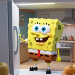 Spongebob Squarepants super realistic sponge gigant spying you from the fridge in the kitchen. Noise. Dash cam. Unsetting. 4k