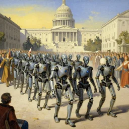 robot druids in a grand processional, capital plaza, pj crook, edward hopper, grant wood, gravure precision illustration