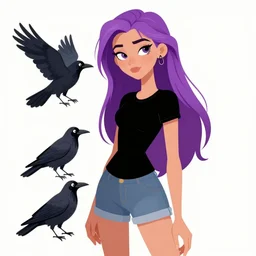 skinny girl with long purple hair wearing a black t - shirt standing next to a crow, full color digital illustration in the style of don bluth, artgerm, artstation trending, 4 k