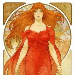 in the style of artgerm, arthur rackham, alphonse mucha, evan rachel wood, symmetrical eyes, symmetrical face, flowing red dress