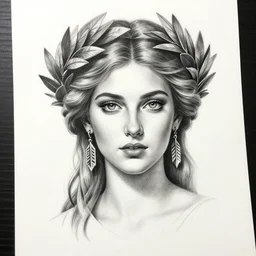beautiful aphrodite greek goddess wearing a laurel wreath and arrowhead earrings, hyper - realistic tattoo sketch, beautiful piercing eyes with sharp pupils, beautiful blonde hair, in the style of greg rutkowski, fantasy, amazing detail, epic, elegant, smooth, sharp focus