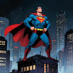 deep focus, a portrait of silly funny bizzarro superman with a long cape standing on top of a building in gotham city at night, low dramatic angle, confident hero pose, frank miller, jim lee, detailed illustration, neal adams, sin city, intricate, cyberpunk city, danguiz, flat art, sharp, by ilya kuvshinov comic book cover, film still,