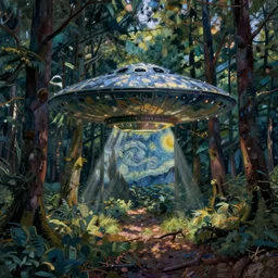ufo in a forest, van gogh painting,