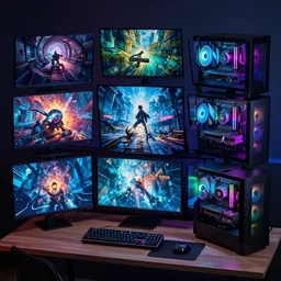 the ultimate gaming computer pc, ten monitors, rgb lighting