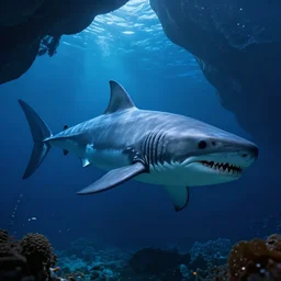 Megalodon in a blue cave , by Greg Rutkowski 8k photorealistic, cinematic lighting, HD, high details, dramatic, atmospheric , trending on artstation