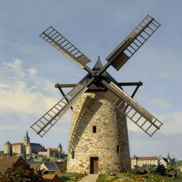 windmill, four sails on a windmill, medieval french landscape, carcassonne, city of carcassonne in the background, by stanley artgerm lau, wlop, rossdraws, frank frazetta, andrei riabovitchev, marc simonetti, tranding on artstation