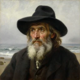 high detail high quality painting portrait of wise man with a large hat contemplating at the coast with fog by bouguereau and ilya repin