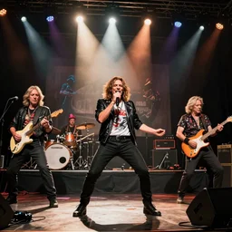 (live on stage) concert (Glam Rock) (Punk Rock) (Red Letter Media) (Mike Stoklasa) (Rich Evans) (Jay Bauman), cinematic angle, epic composition, action pose