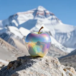 a holographic apple is sitting on the peak of mount everest, clear focus, bokeh effect, high res, full frame