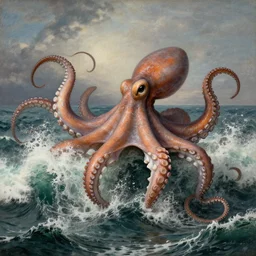 giant octopus with gigantic tentacles dramatically rising above the waves of an angry ocean, by jmw turner