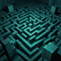 interior of an elaborate labyrinth of runic cubes, ancient overgrown, dark teal, endless maze - like runes, sharp high detail, masterpiece by satoshi kon, crystal cubism, greeble, tesseract, darksynth, high definition